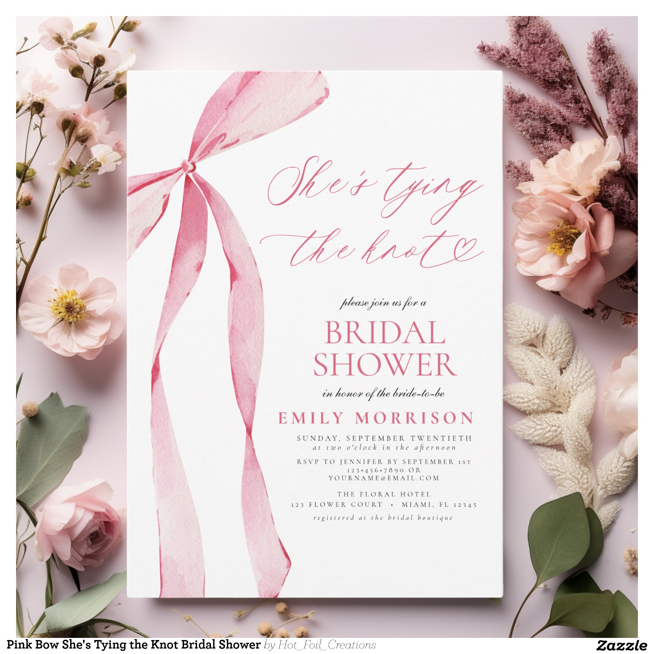 Pink Bow She's Tying the Knot Bridal Shower Invitation
