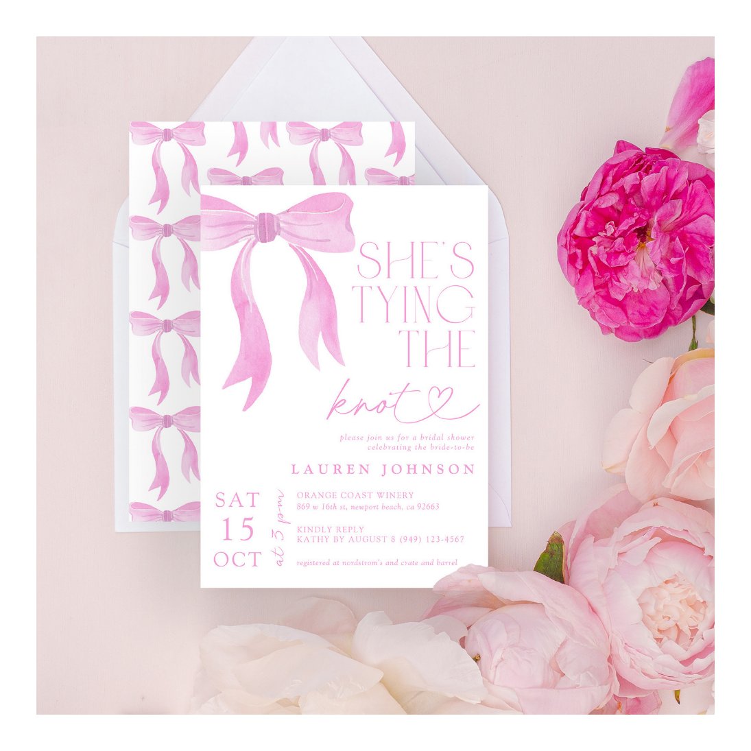 Pink Bow She's Tying the Knot Bridal Shower Invitation