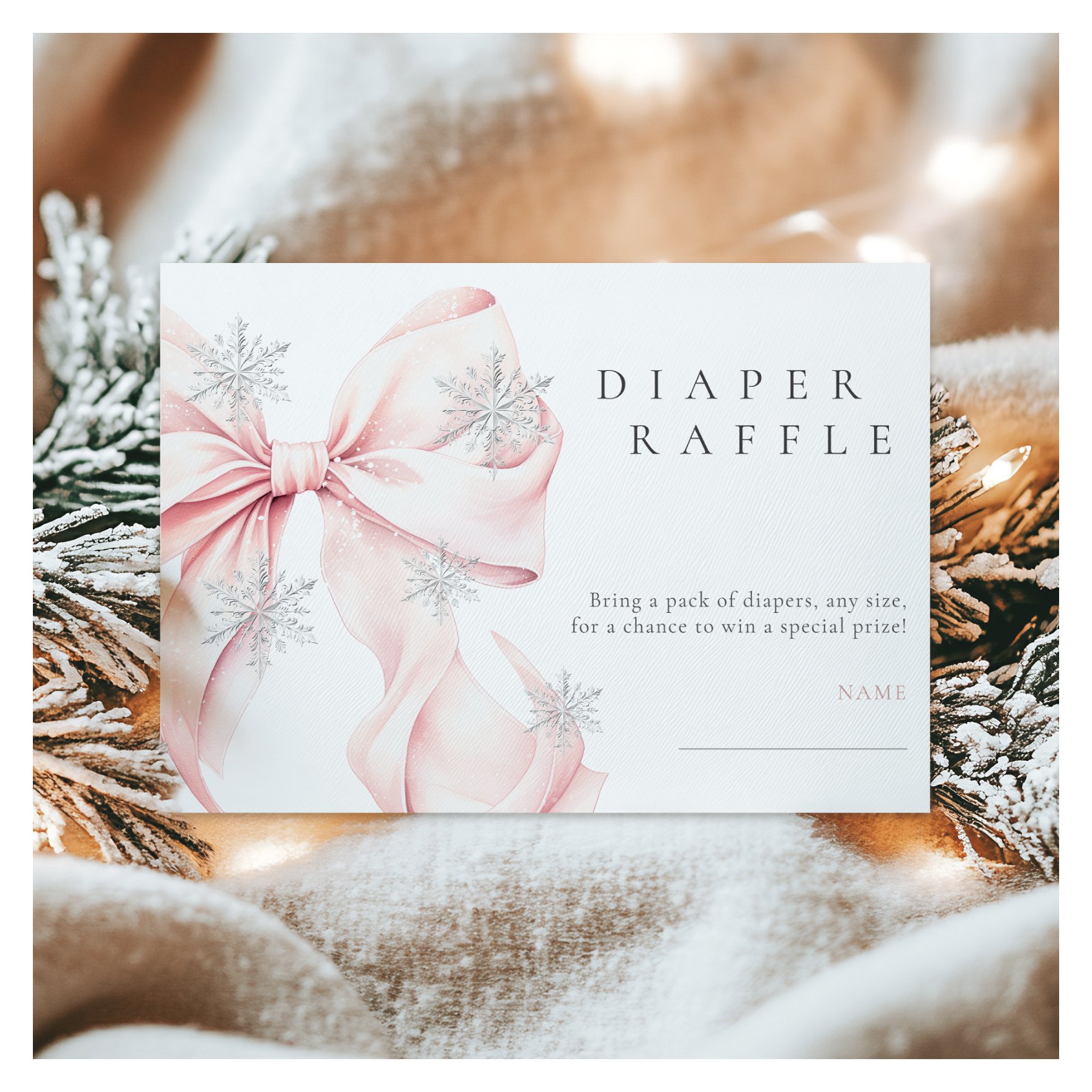 Pink Bow Snowflakes Baby Shower Diaper Raffle Enclosure Card