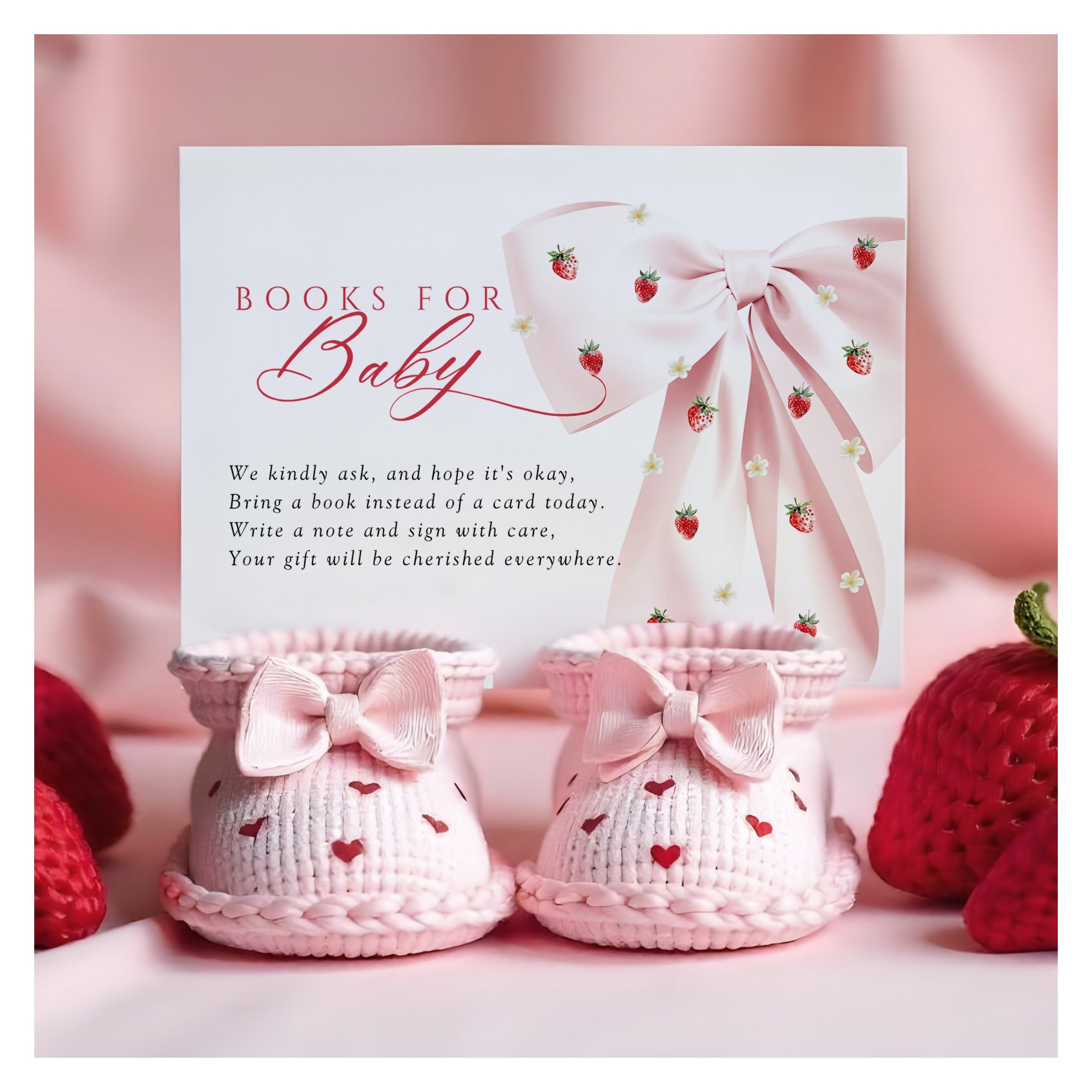 Pink Bow Strawberries Baby Shower Books for Baby Enclosure Card
