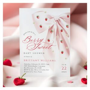 Pink Bow Strawberries Baby Shower Invitation