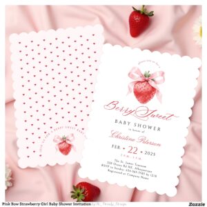 Pink Bow Strawberry Girl Baby Shower Invitation