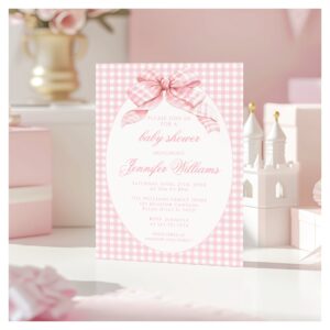 Pink Cute Gingham Coquette Bow Baby Girl Shower Invitation