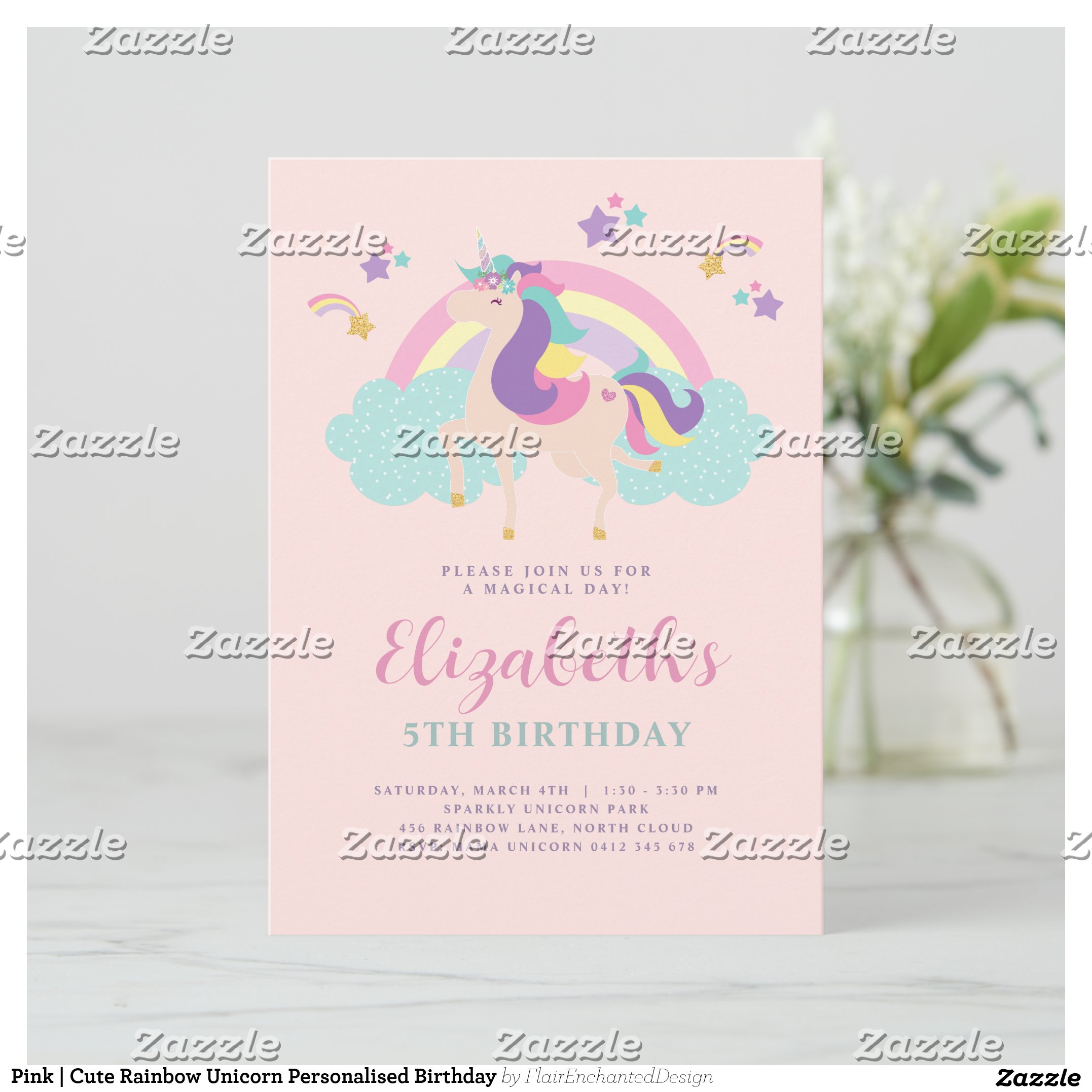 Pink Cute Rainbow Unicorn Personalised Birthday Invitation