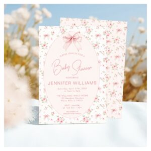 Pink Cute Shabby Chic Rose Bow Baby Girl Shower Invitation