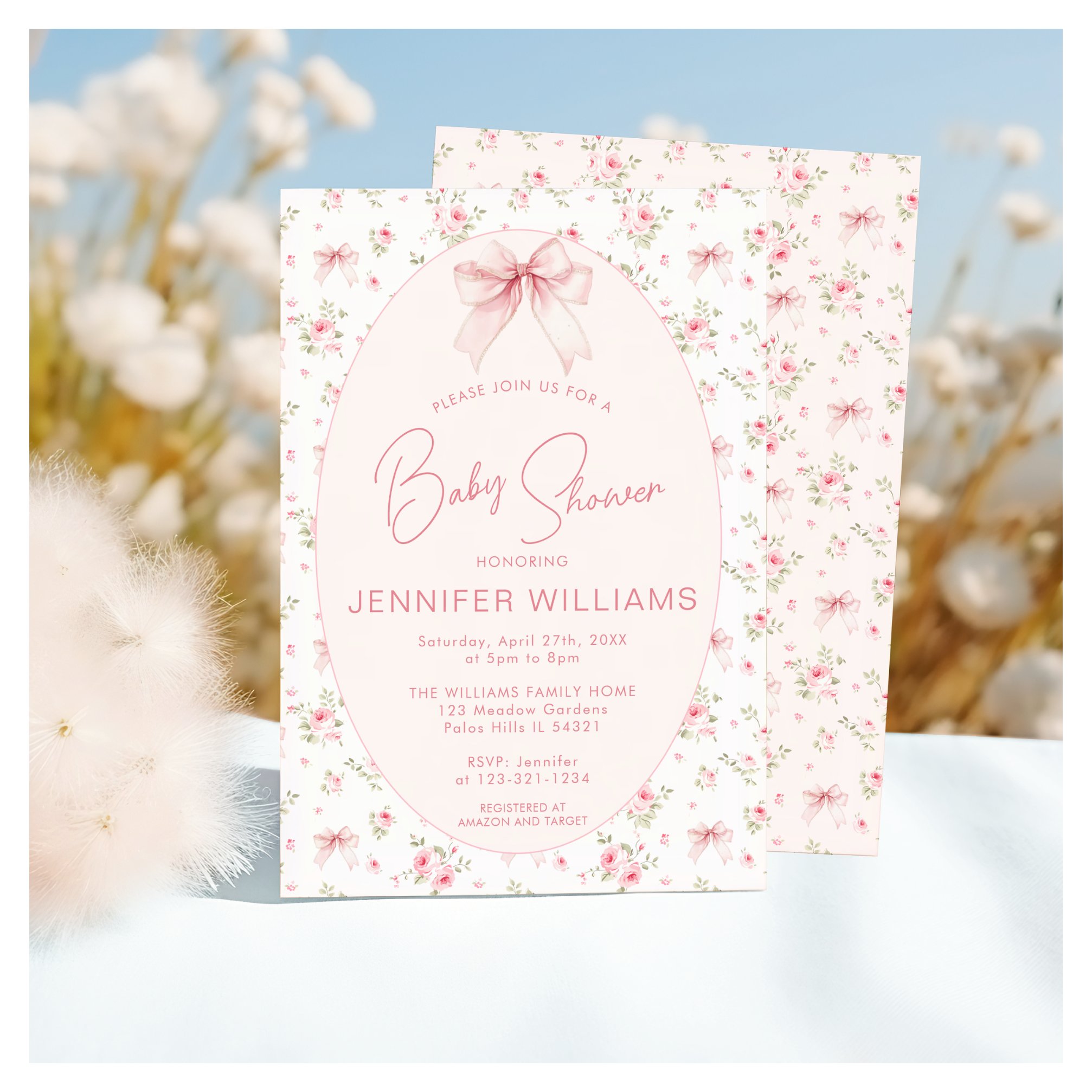 Pink Cute Shabby Chic Rose Bow Baby Girl Shower Invitation