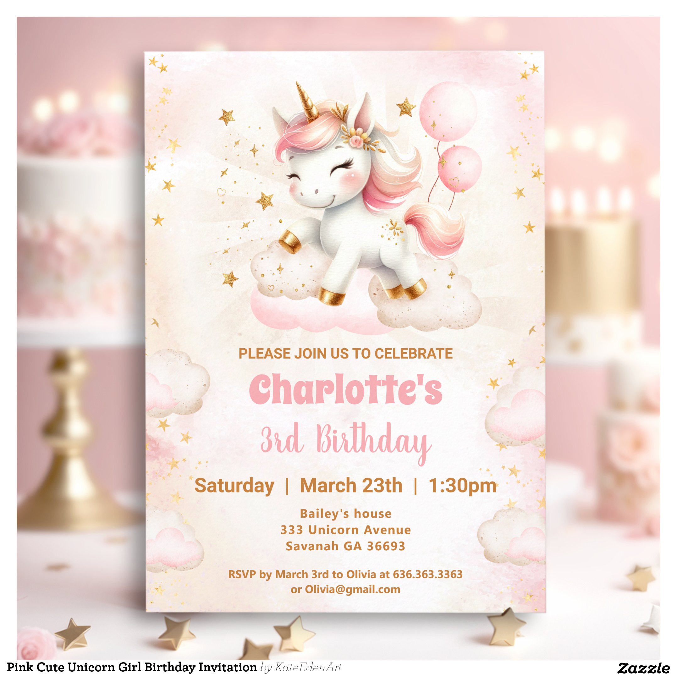Pink Cute Unicorn Girl Birthday Invitation