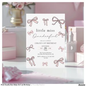 Pink Doodle Bow Baby Girl 1st Birthday Invitation