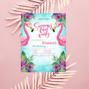 Pink Flamingos Flowers Summer Birthday Party Invitation