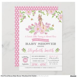 Pink Floral Bunny Baby Shower Woodland Girl Rabbit Invitation