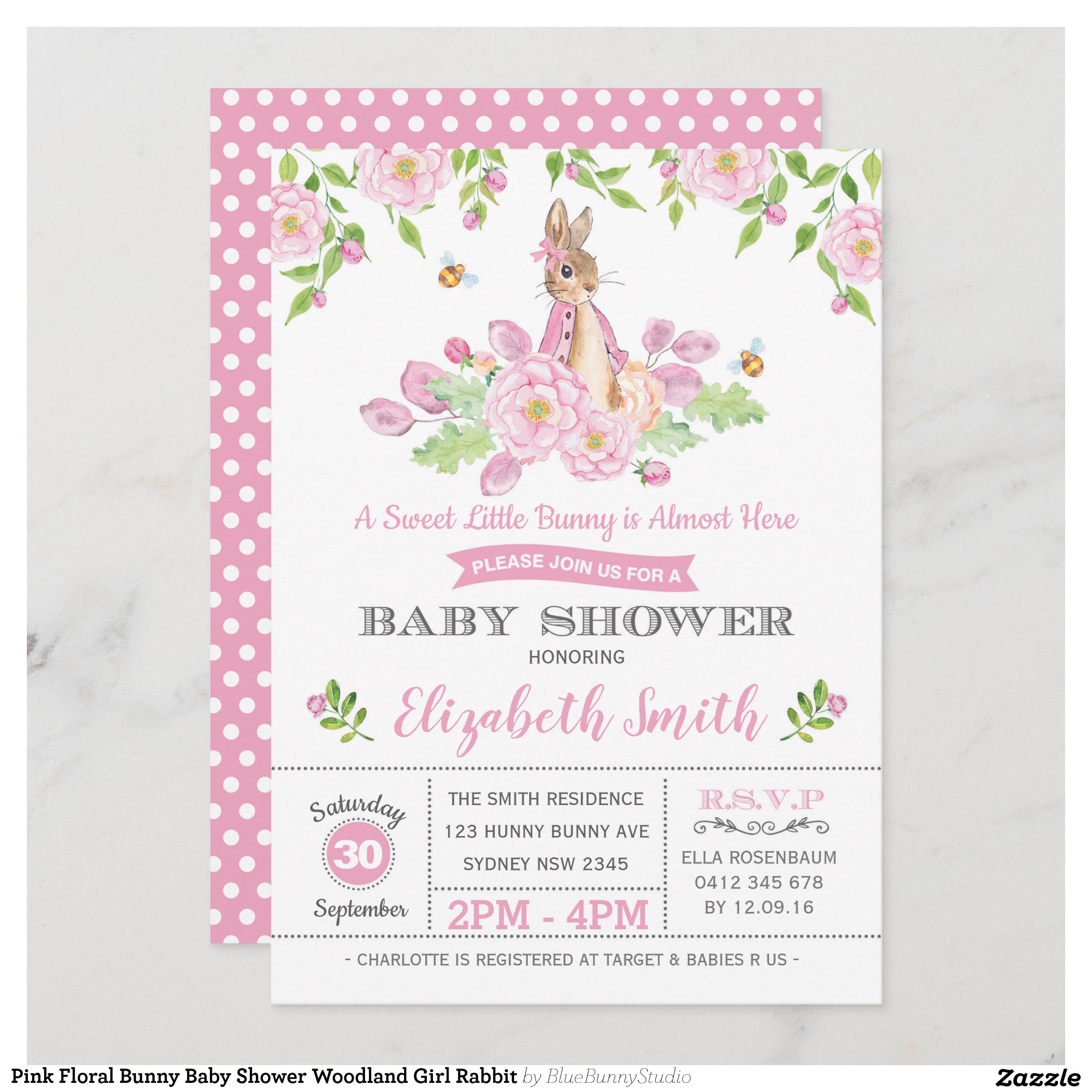 Pink Floral Bunny Baby Shower Woodland Girl Rabbit Invitation