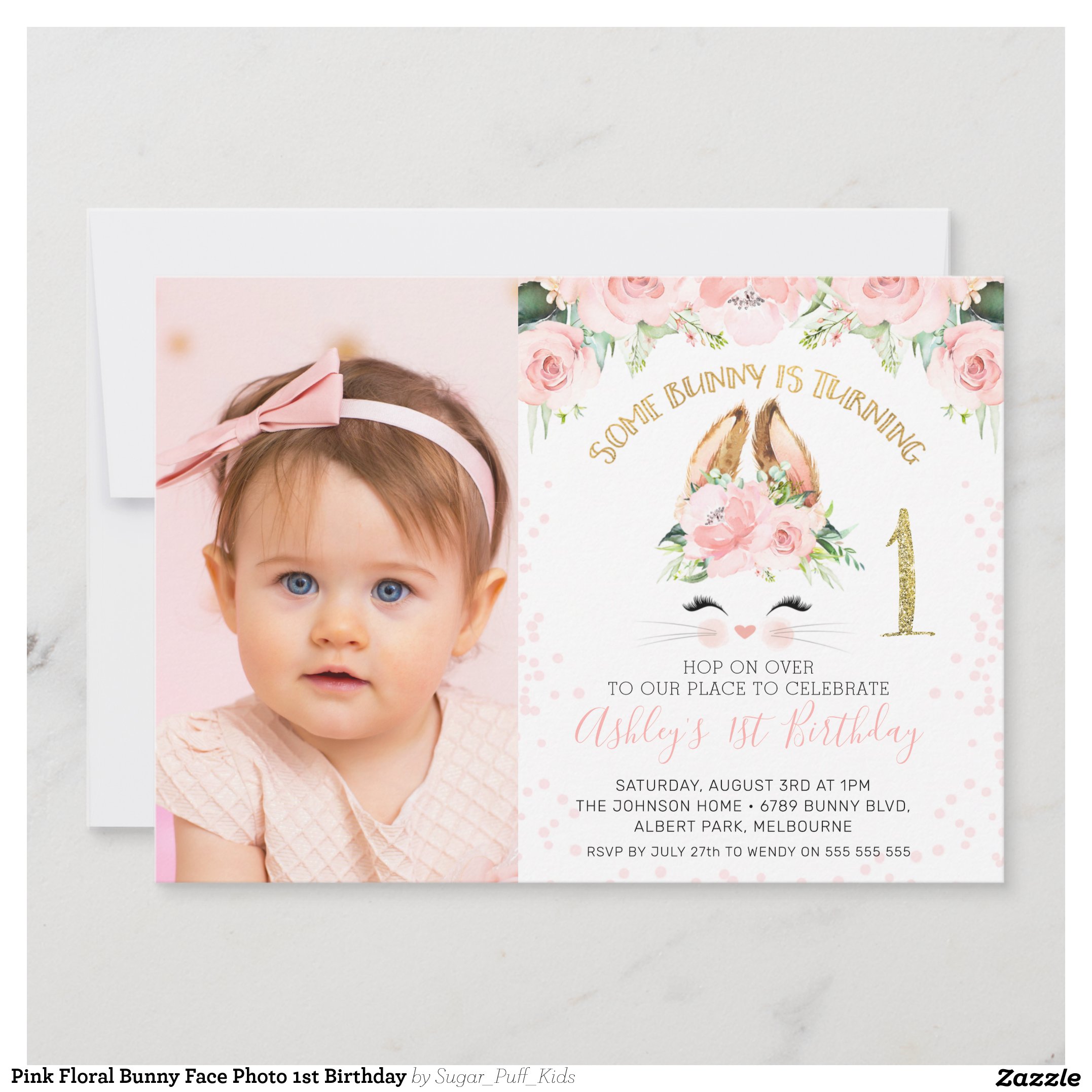 Pink Floral Bunny Face Photo 1st Birthday Invitation
