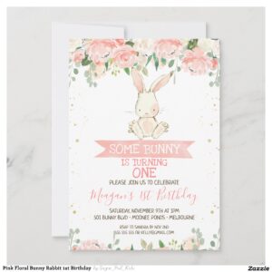 Pink Floral Bunny Rabbit 1st Birthday Invitation