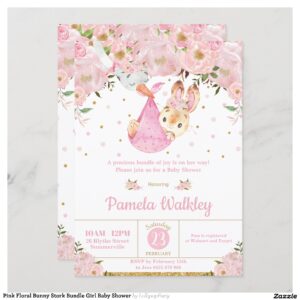 Pink Floral Bunny Stork Bundle Girl Baby Shower Invitation