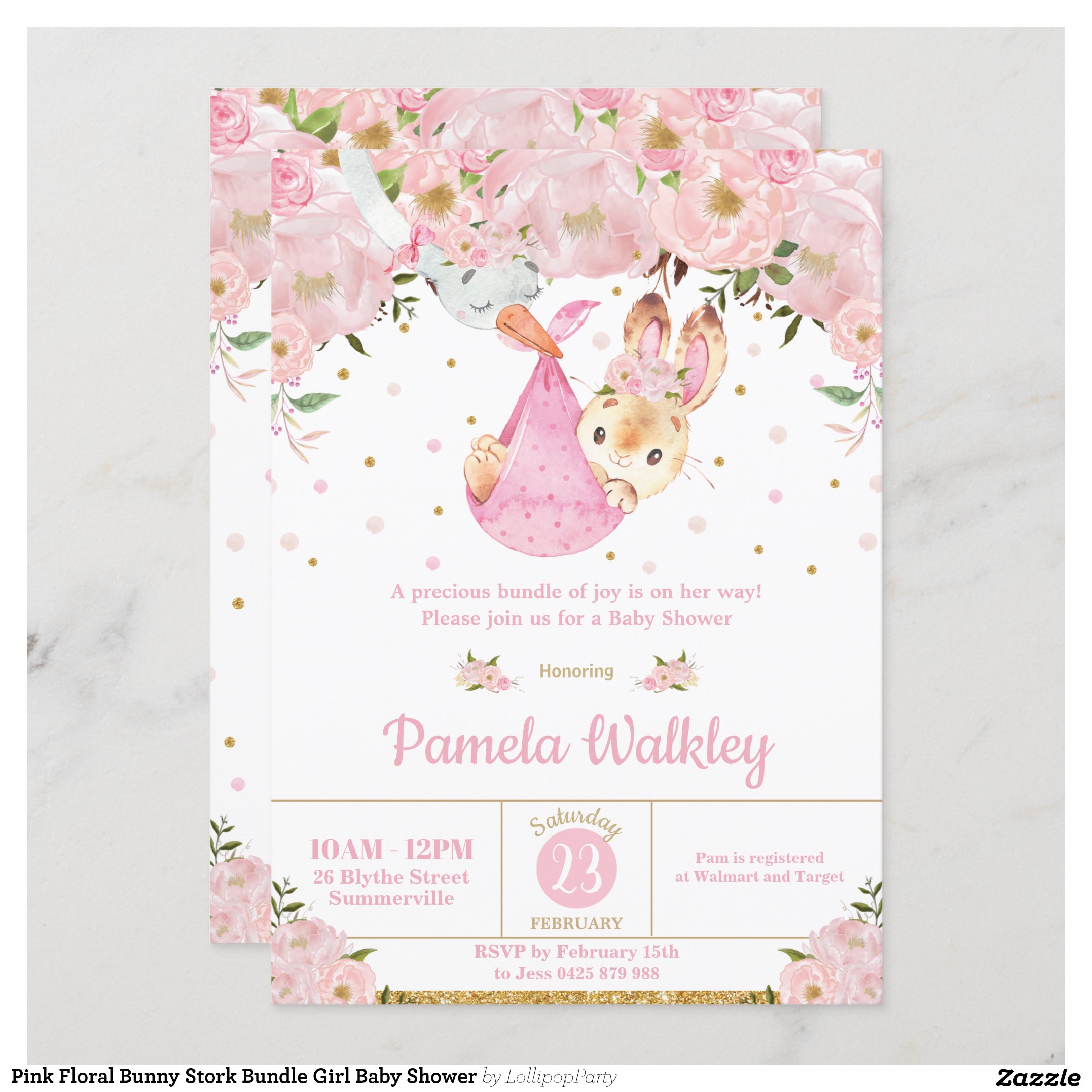 Pink Floral Bunny Stork Bundle Girl Baby Shower Invitation