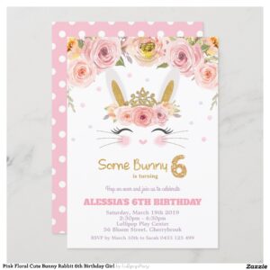 Pink Floral Cute Bunny Rabbit 6th Birthday Girl Invitation