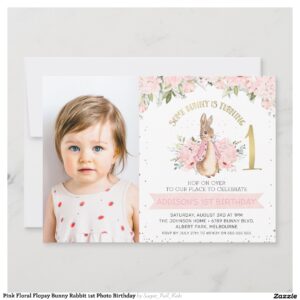 Pink Floral Flopsy Bunny Rabbit 1st Photo Birthday Invitation