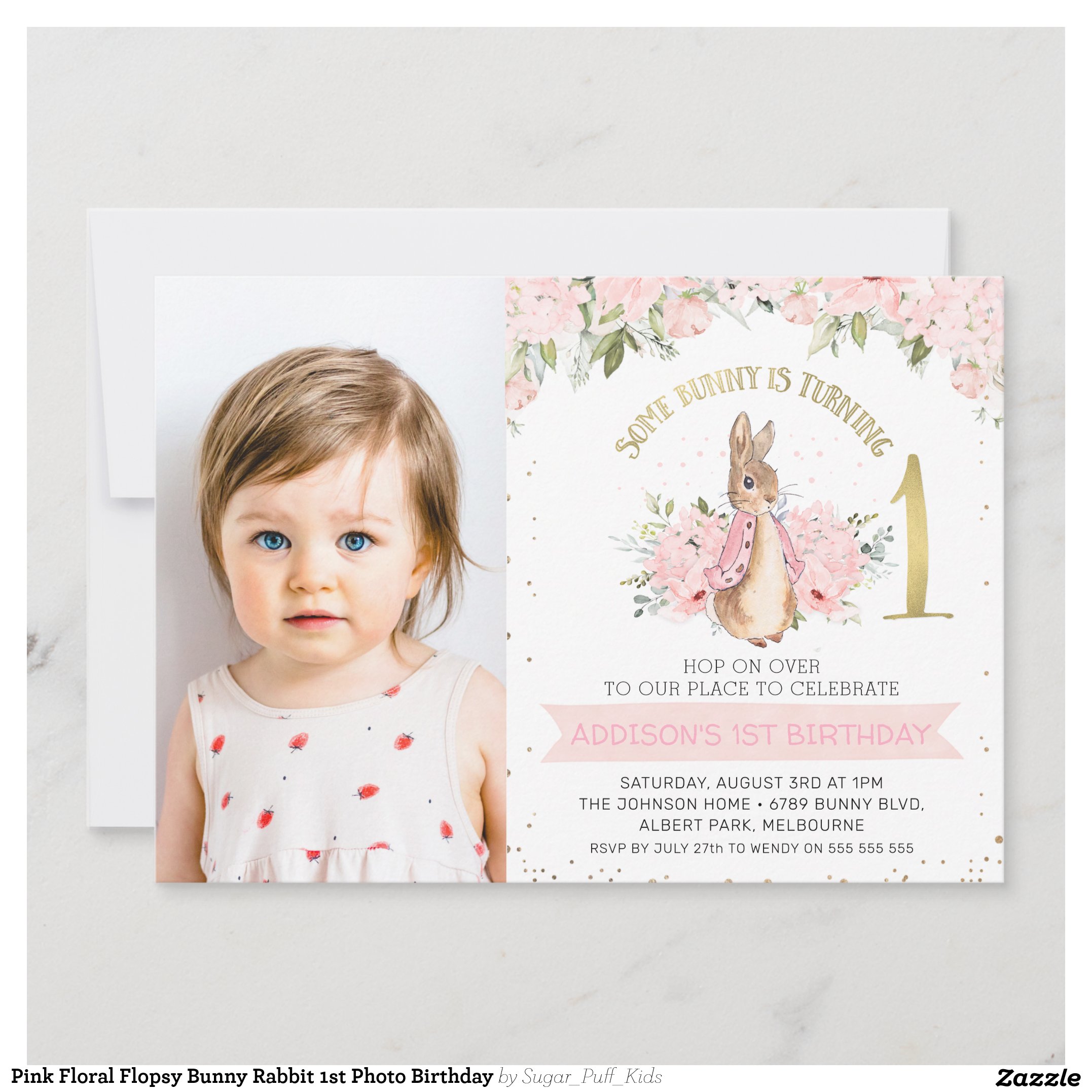 Pink Floral Flopsy Bunny Rabbit 1st Photo Birthday Invitation