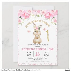 Pink Floral Furry Bunny Gold One First Birthday Invitation