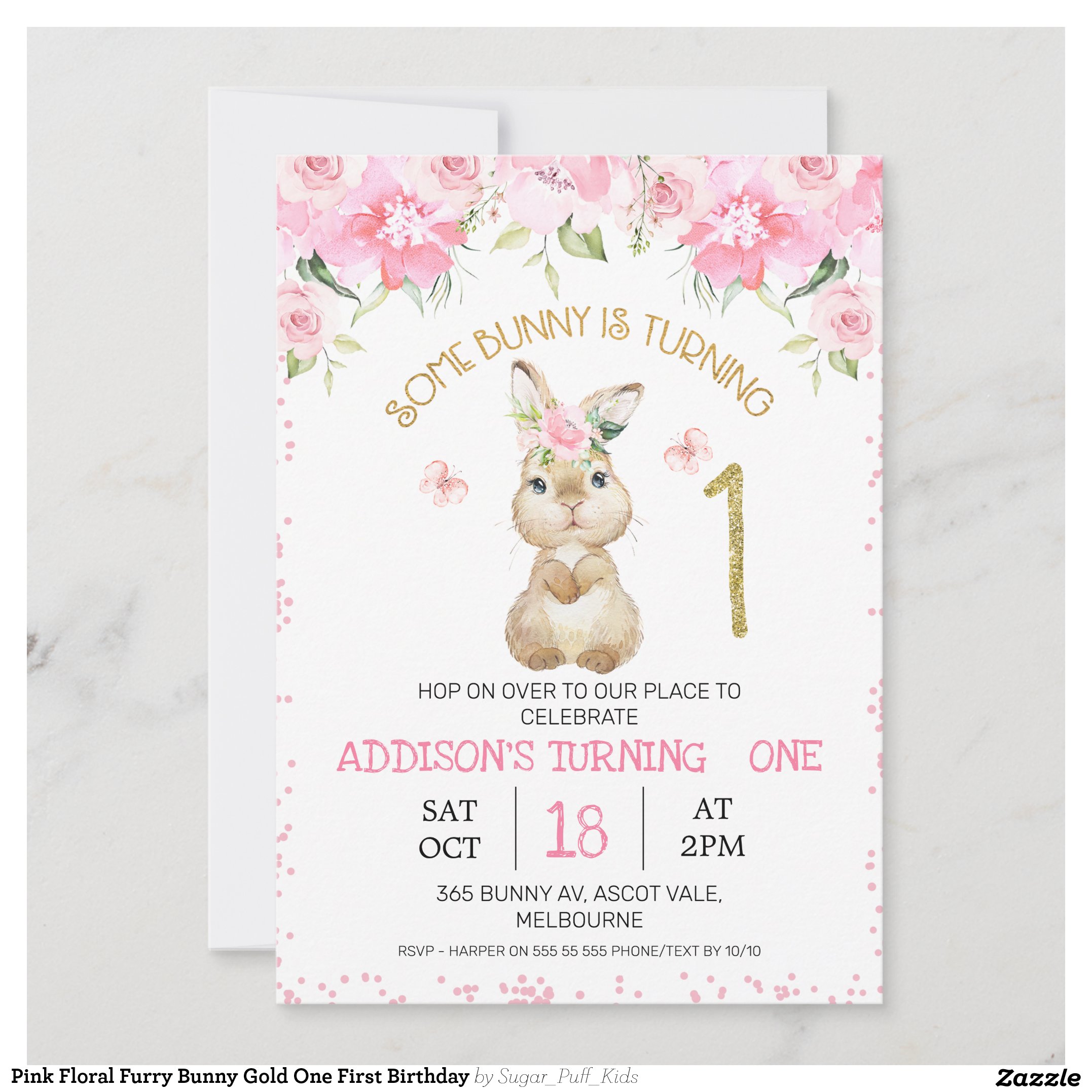 Pink Floral Furry Bunny Gold One First Birthday Invitation