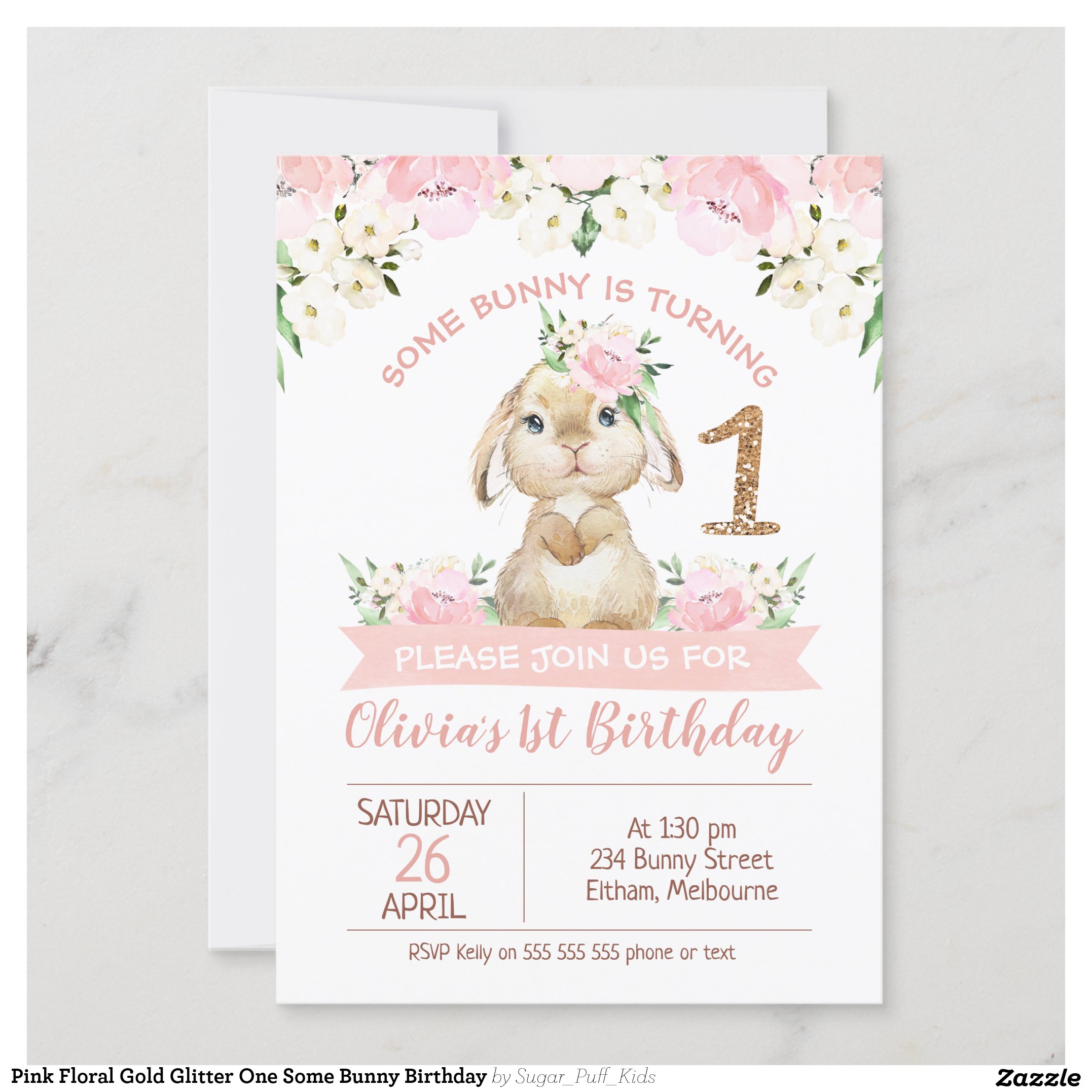 Pink Floral Gold Glitter One Some Bunny Birthday Invitation