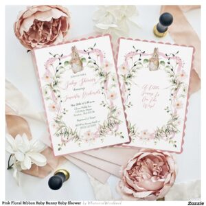 Pink Floral Ribbon Baby Bunny Baby Shower Invitation