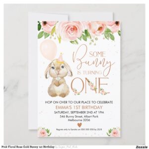Pink Floral Rose Gold Bunny 1st Birthday Invitation