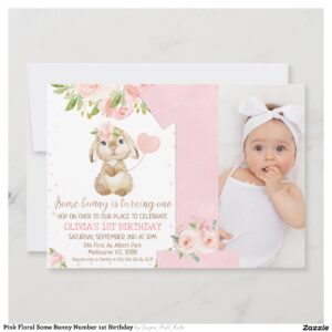 Pink Floral Some Bunny Number 1st Birthday Invitation