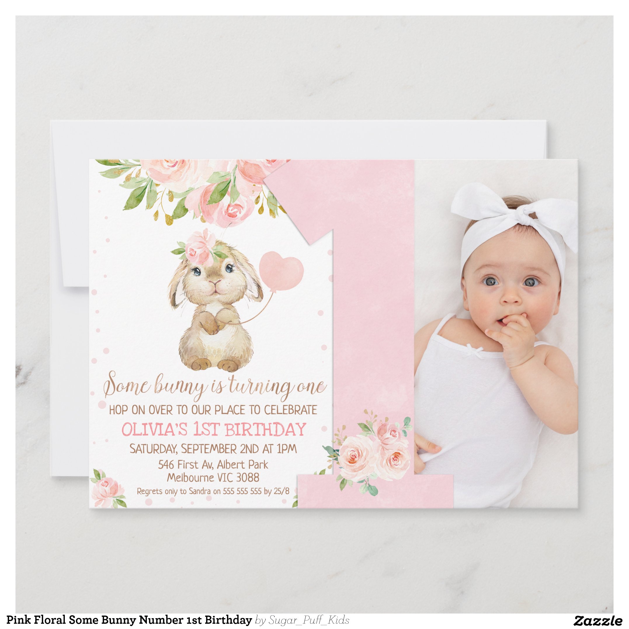 Pink Floral Some Bunny Number 1st Birthday Invitation