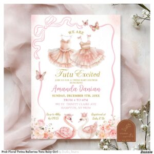 Pink Floral Twins Ballerina Tutu Baby Girl Invitation