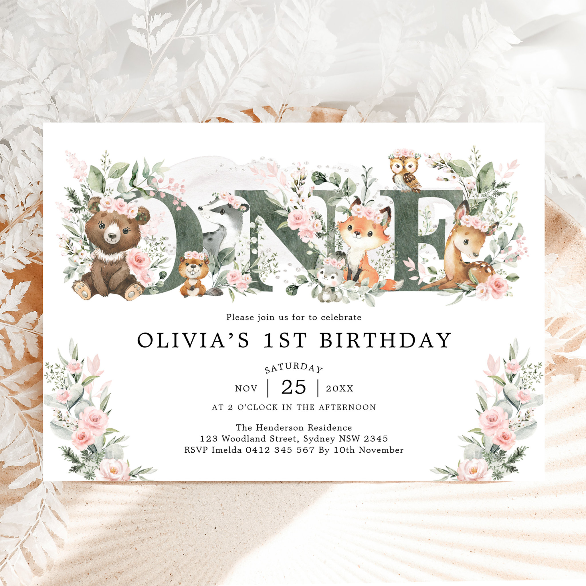 Pink Floral Woodland Animals 1st Birthday Girl Invitation