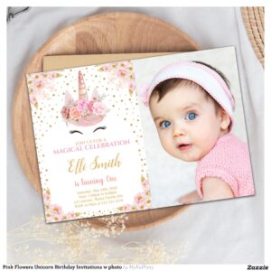 Pink Flowers Unicorn Birthday Invitations w photo