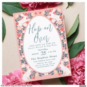 Pink Folk Art Hop On Over Easter Brunch Invitation
