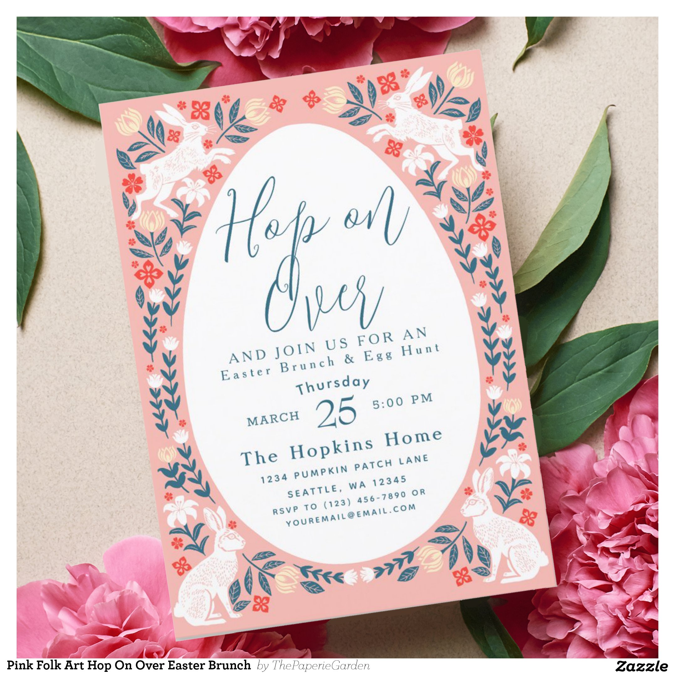 Pink Folk Art Hop On Over Easter Brunch Invitation