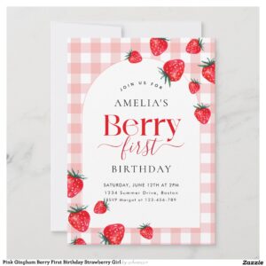Pink Gingham Berry First Birthday Strawberry Girl Invitation