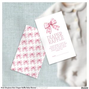 Pink Gingham Bow Diaper Raffle Baby Shower Enclosure Card