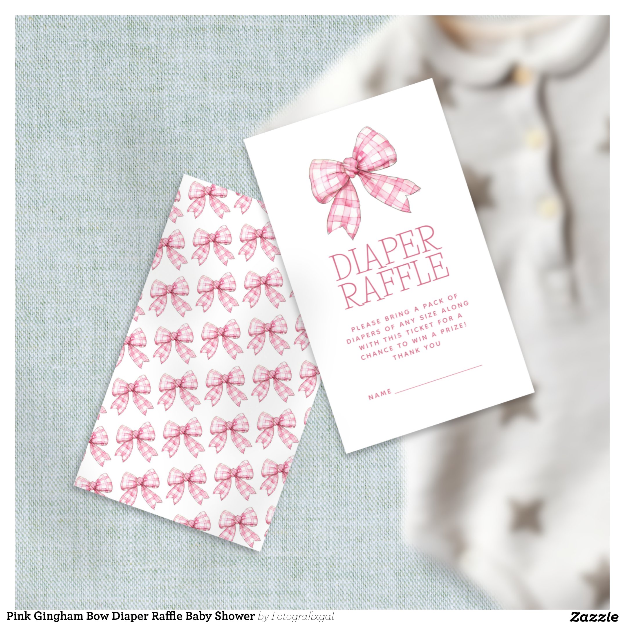 Pink Gingham Bow Diaper Raffle Baby Shower Enclosure Card