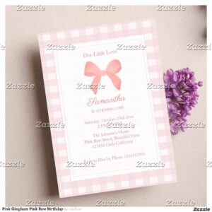Pink Gingham Pink Bow Birthday Invitation