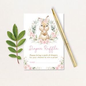 Pink Girl Bunny Rabbit Diaper Raffle Baby Shower Enclosure Card