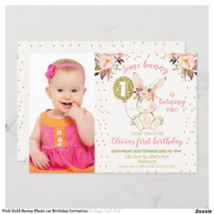 Pink Gold Bunny Photo 1st Birthday Invitation