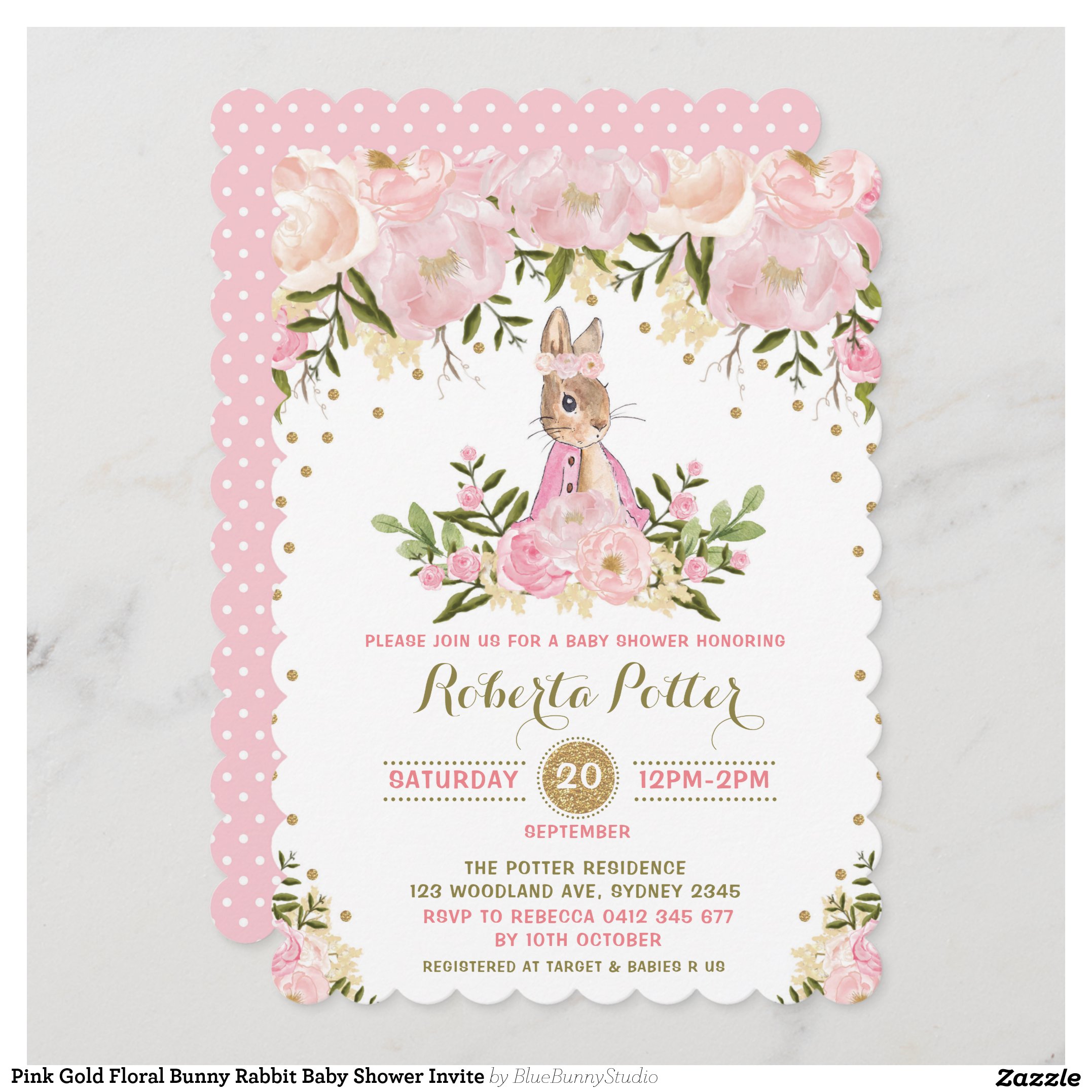 Pink Gold Floral Bunny Rabbit Baby Shower Invite