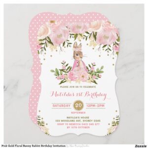 Pink Gold Floral Bunny Rabbit Birthday Invitation