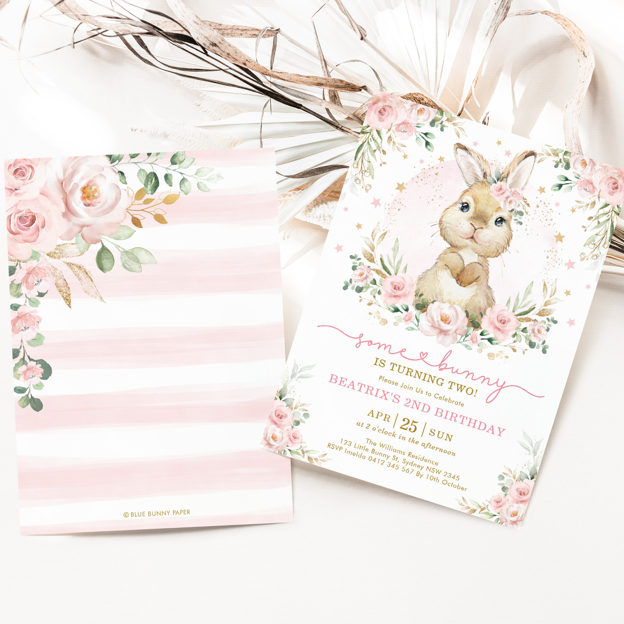 Pink Gold Floral Bunny Rabbit Girl Birthday Party Invitation