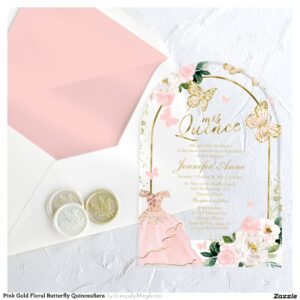 Pink Gold Floral Butterfly Quincea?era Acrylic Invitations