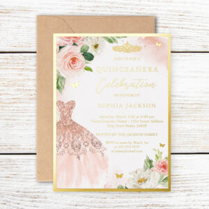 Pink Gold Floral Tiara Dress Elegant Quinceanera Foil Invitation