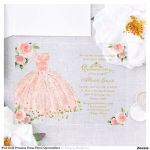 Pink Gold Princess Dress Floral Quincea?era Acrylic Invitations