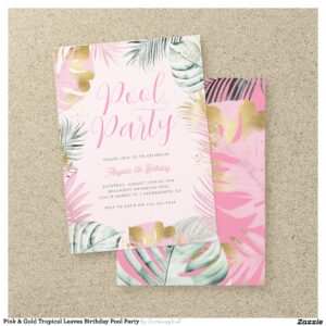 Pink & Gold Tropical Leaves Birthday Pool Party Invitation