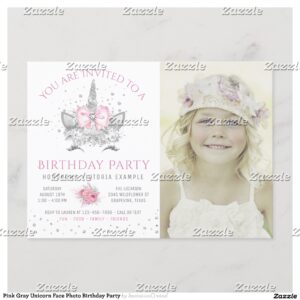 Pink Gray Unicorn Face Photo Birthday Party Invitation