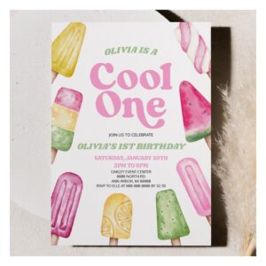 Pink Green Cool One Popsicle 1st Birthday Party Invitation