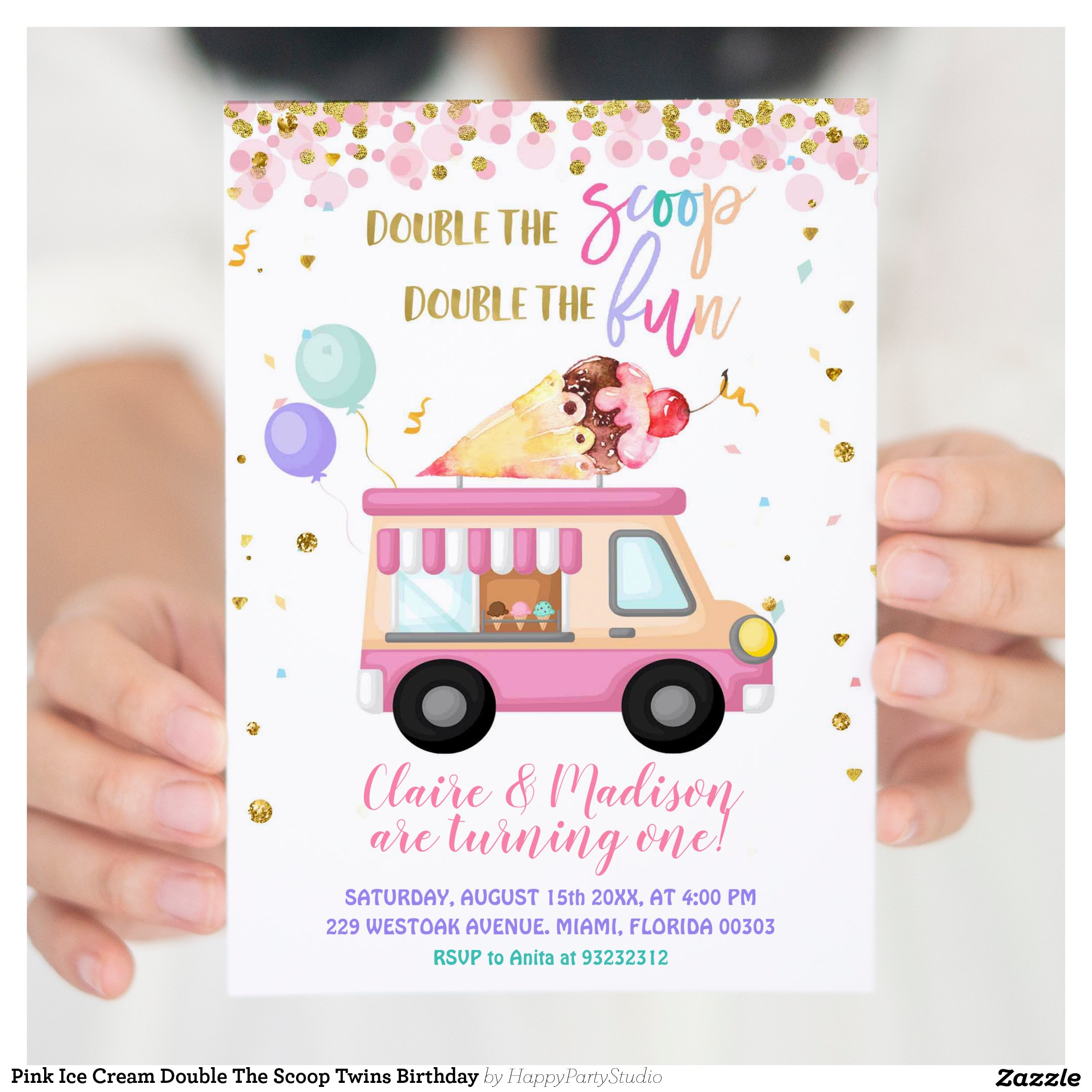 Pink Ice Cream Double The Scoop Twins Birthday Invitation